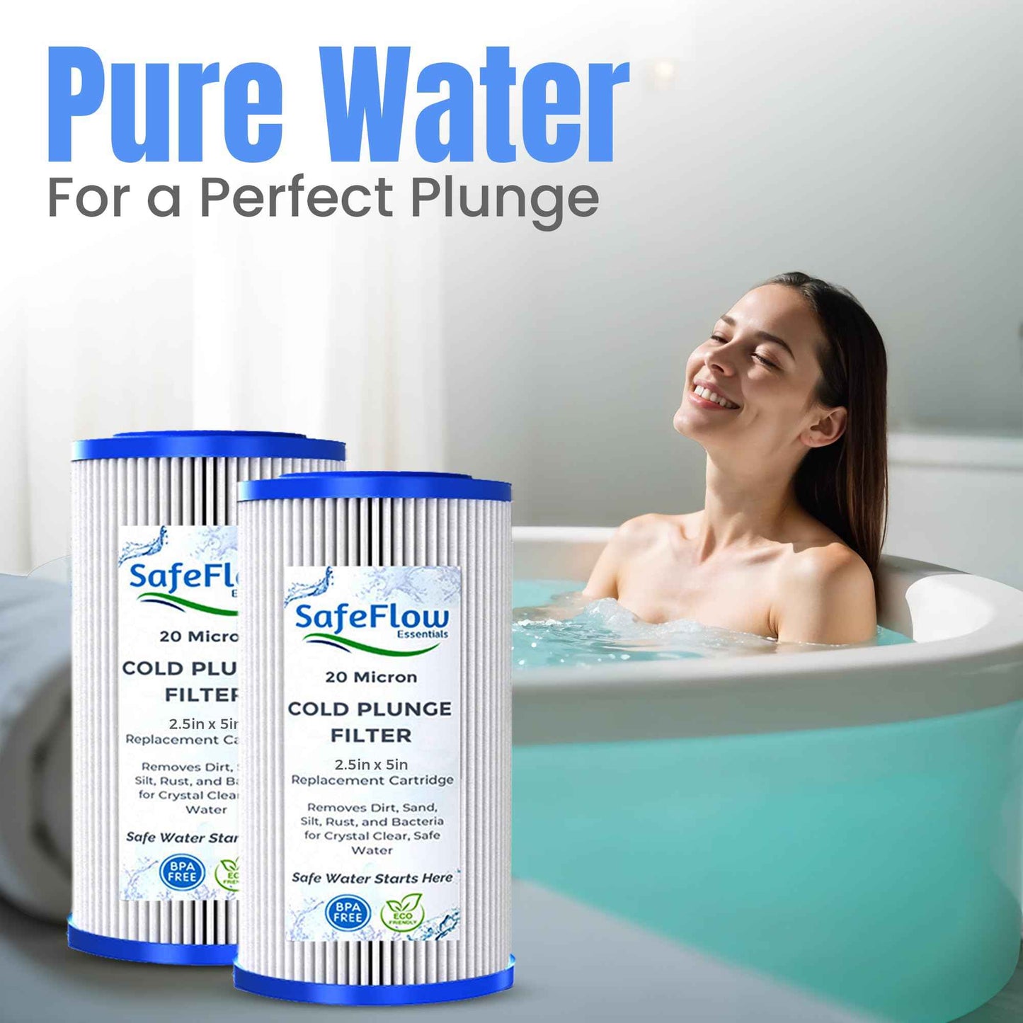 SafeFlow Essentials 5" x 2.5" Cold Plunge Filter 20 Micron – Fits The Pod Ice Cold Plunge Water Chiller, Cold Plunge Filters, and Under Kitchen Sink Systems (2)