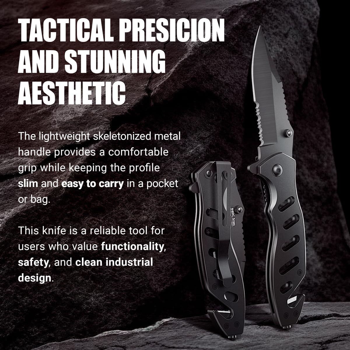 Skiennix Tactical Legal Knife - 2.68-Inch Serrated Blade | Compact Black Pocket Tool with Glass Breaker & Seatbelt Cutter - Perfect for Camping & EDC Gifts