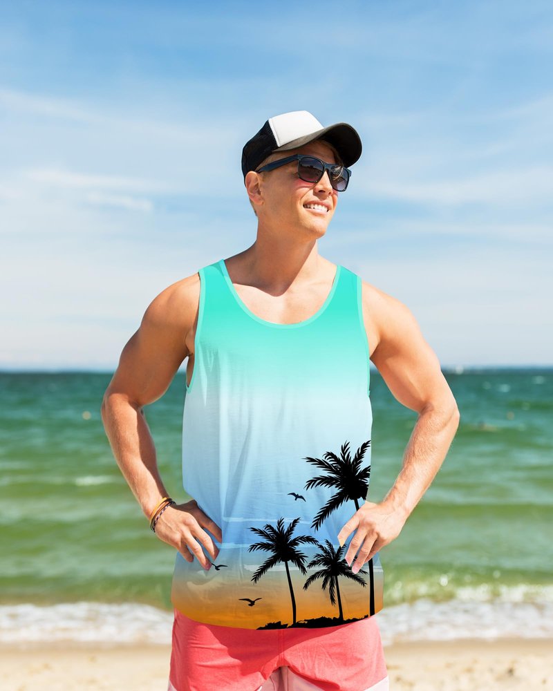 Nidoul Mens Beach Tank Tops Summer Graphic Palm Tree Sleeveless Shirts for Men Vacation Gym Running Workout Tank Top, Retro Blue Orange L