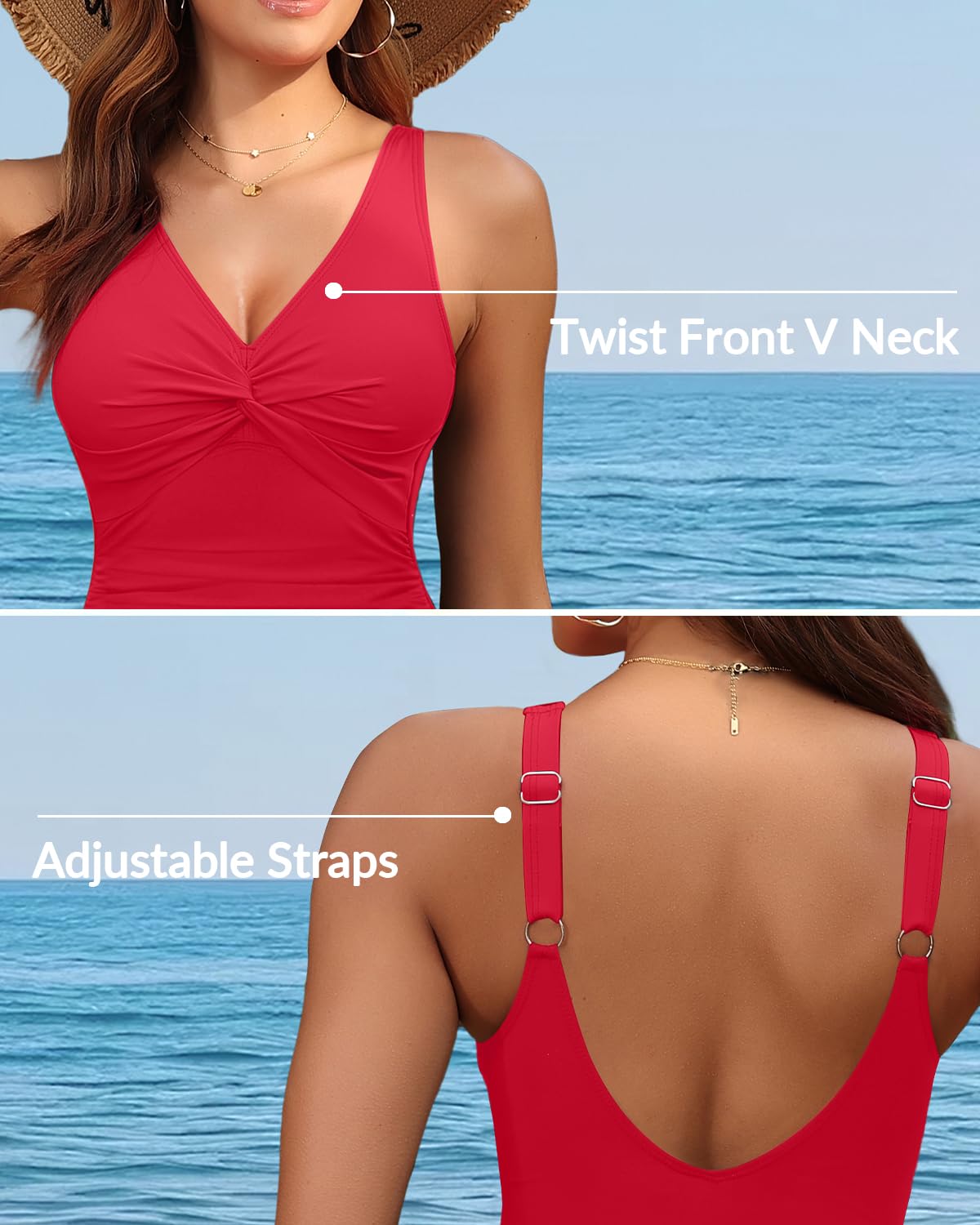 Red Tummy Control One Piece Swimsuit Full Coverage Bathing Suit S