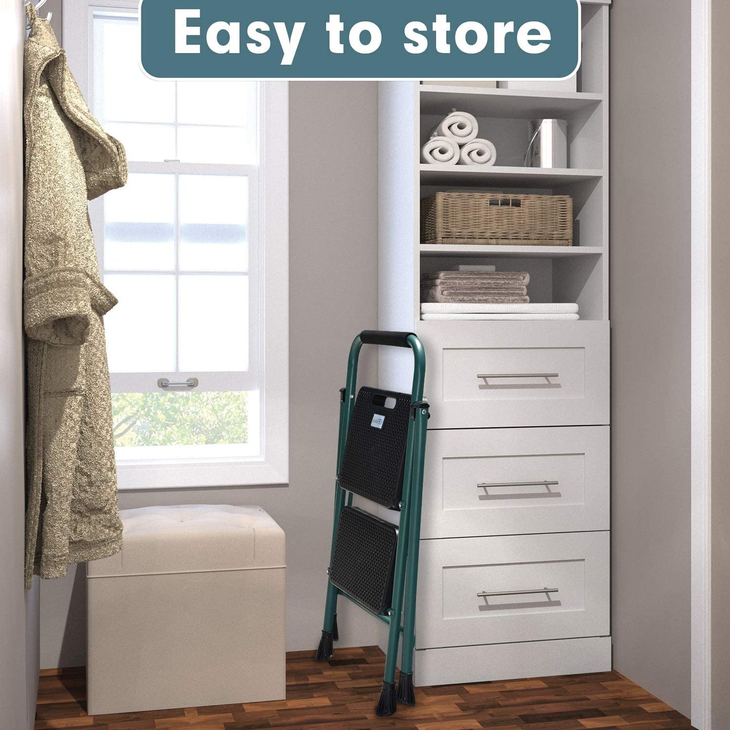 HBTower 2 Ladder, 5FT Folding Step Stool with Wide Anti-Slip Pedal, Sturdy Steel Ladder, Convenient Handgrip, Lightweight 500lbs Portable, Green