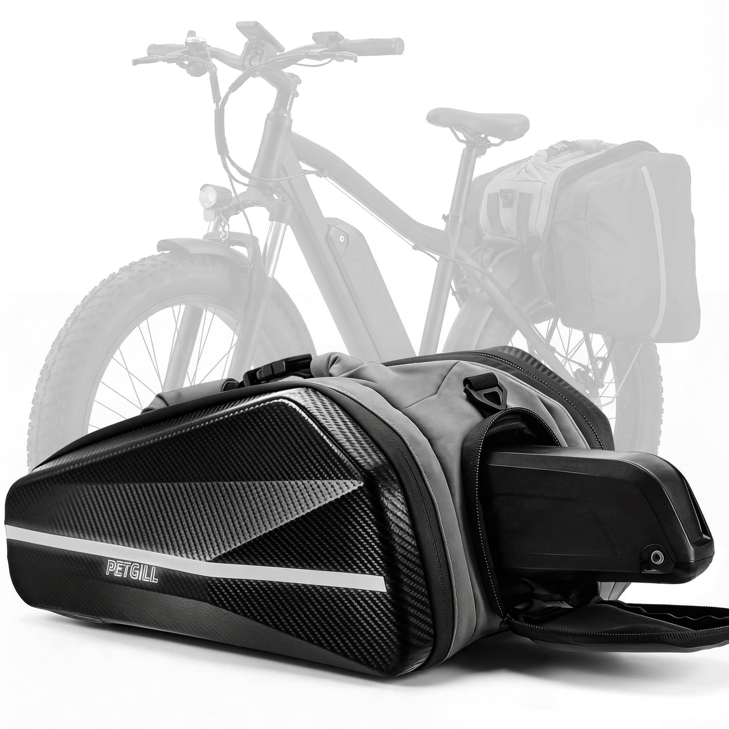 PETGILL Ebike Battery Bag，40L Hard Shell Waterproof Electric Bicycle Rear Rack Bag with Reflective Strips and Shoulder Straps，bike rack bags for ebikes，E-Bike Accessories.