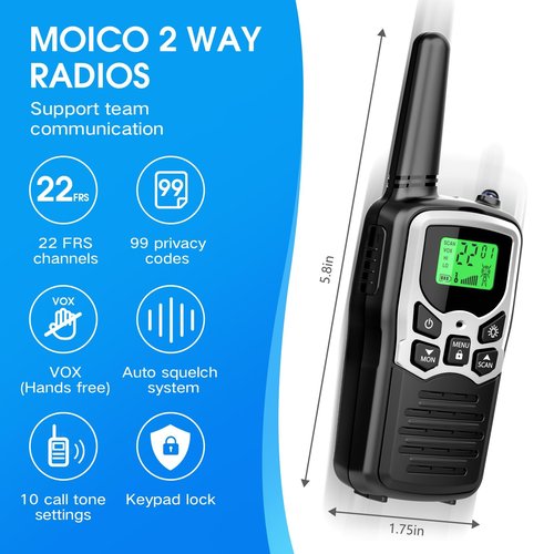 Walkie Talkies,MOICO Long Range Walkie Talkies for Adults Two-Way Radios with 22 Channels FRS VOX Scan LCD Display with LED Flashlight for Field, Survival Biking Hiking Camping 2 Pack (Silver A)