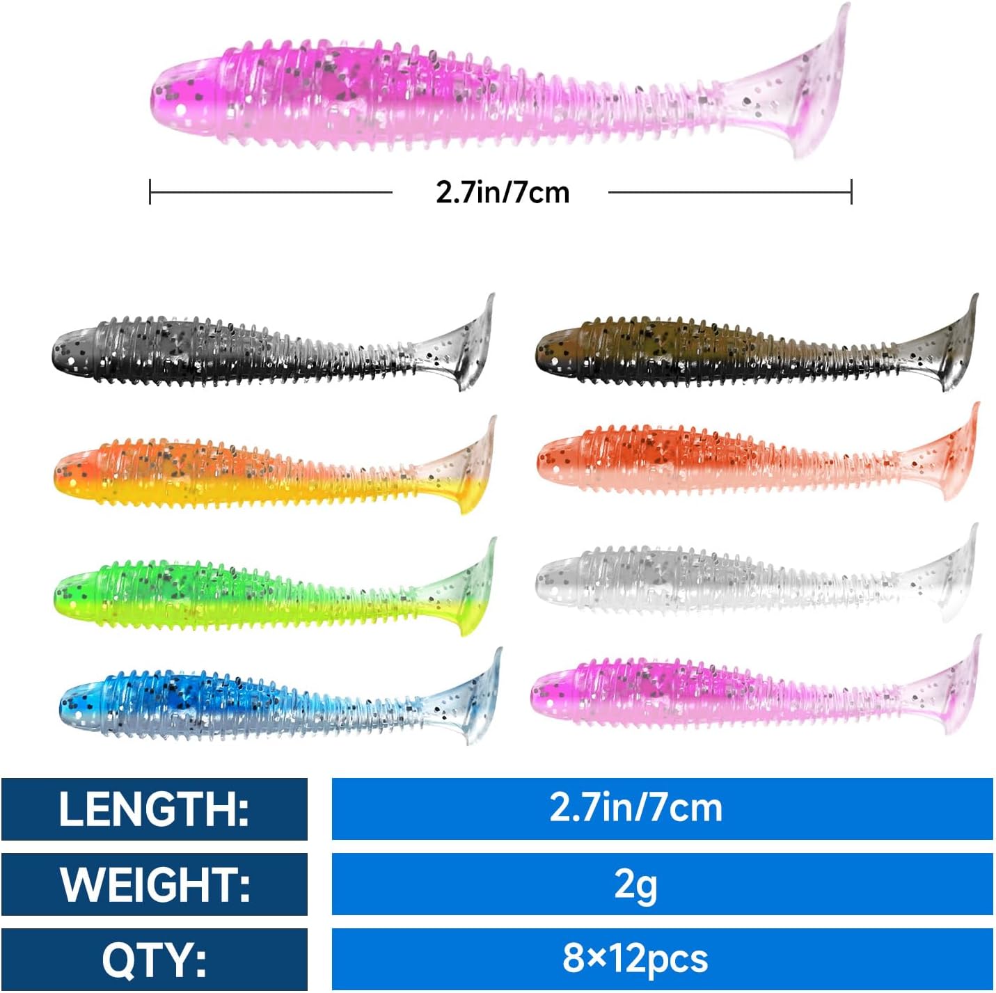 Skiennix Soft Fishing Lures - 3" Paddle Tail Swimbaits with Unique Vibrating Action | 96 Pcs in 8 Colors