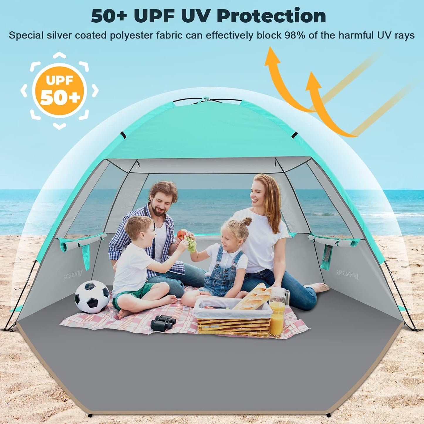 Venustas Beach Tent Sun Shelter for 3/4/6/8 Person, UPF 50+ UV Protection Beach Canopy, Lightweight and Easy Setup Cabana, Portable Shade Tent