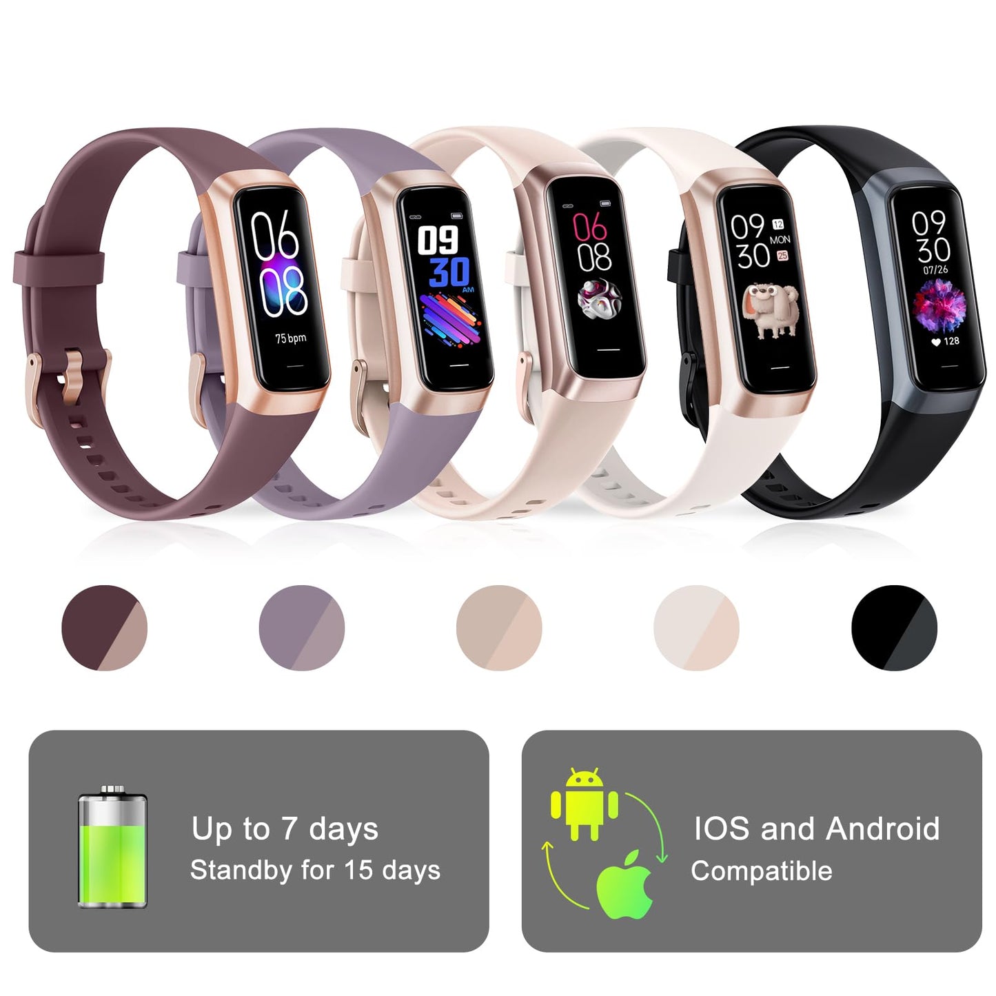 Bakoor Fitness Tracker with 24/7 Heart Rate Blood Oxygen Sleep Tracking, 1.10''AMOLED Touch Color Screen Fitness Watch Step Counter, Activity Pedometer for Women Men