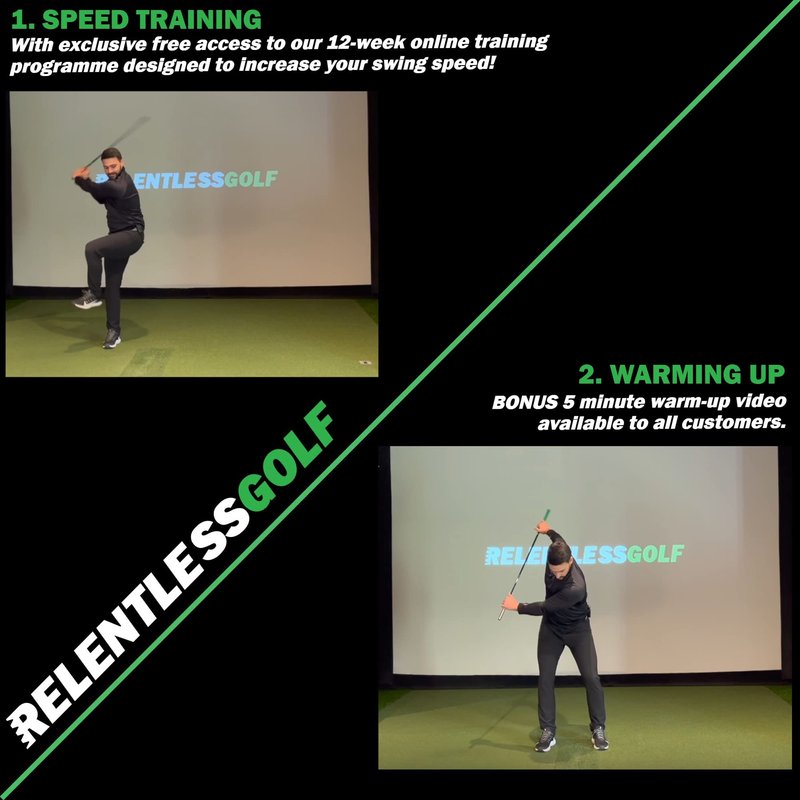 Relentless Golf Speed Stick Training aid and Tempo Trainer. This Golf Training aid Will Help You gain Balance and Yards. Get Your Golf Swing Trainer Now, and Start Bombing Those Drives!
