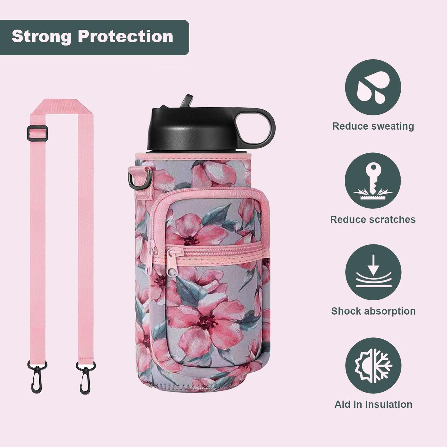 32/40 oz Water Bottle Holder with Strap, 40 oz Insulated Water Bottle Sling Bag Crossbody, Water Bottle Carrier Bag with Phone Pocket for Walking Hiking Camping Fishing(3.34"W * 9.05"H) (Flower Pink)