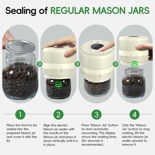 Mason Jar Vacuum Sealer Kit - Electric Sealer for Wide & Regular Mouth Lids | Automatic Food Storage - Ivory