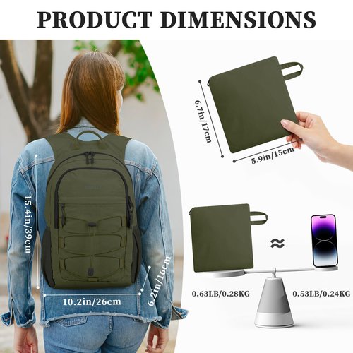 ZOMFELT Hiking Backpack for Women Men, 15L Lightweight Packable Backpacks for Trip, Water Resistant Small Travel Backpack, Foldable daypack for Hiking, Walking, Cycling, Camping, Green