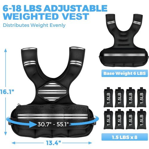 Adjustable Weighted Vest Women Men, 6-18 LBS Weighted Walking Vest with 8 Ironsand Weights & Reflective Strip, Strength Training Weight Vests for Walking Running GYM Home Workout, Large Zippered Pocket
