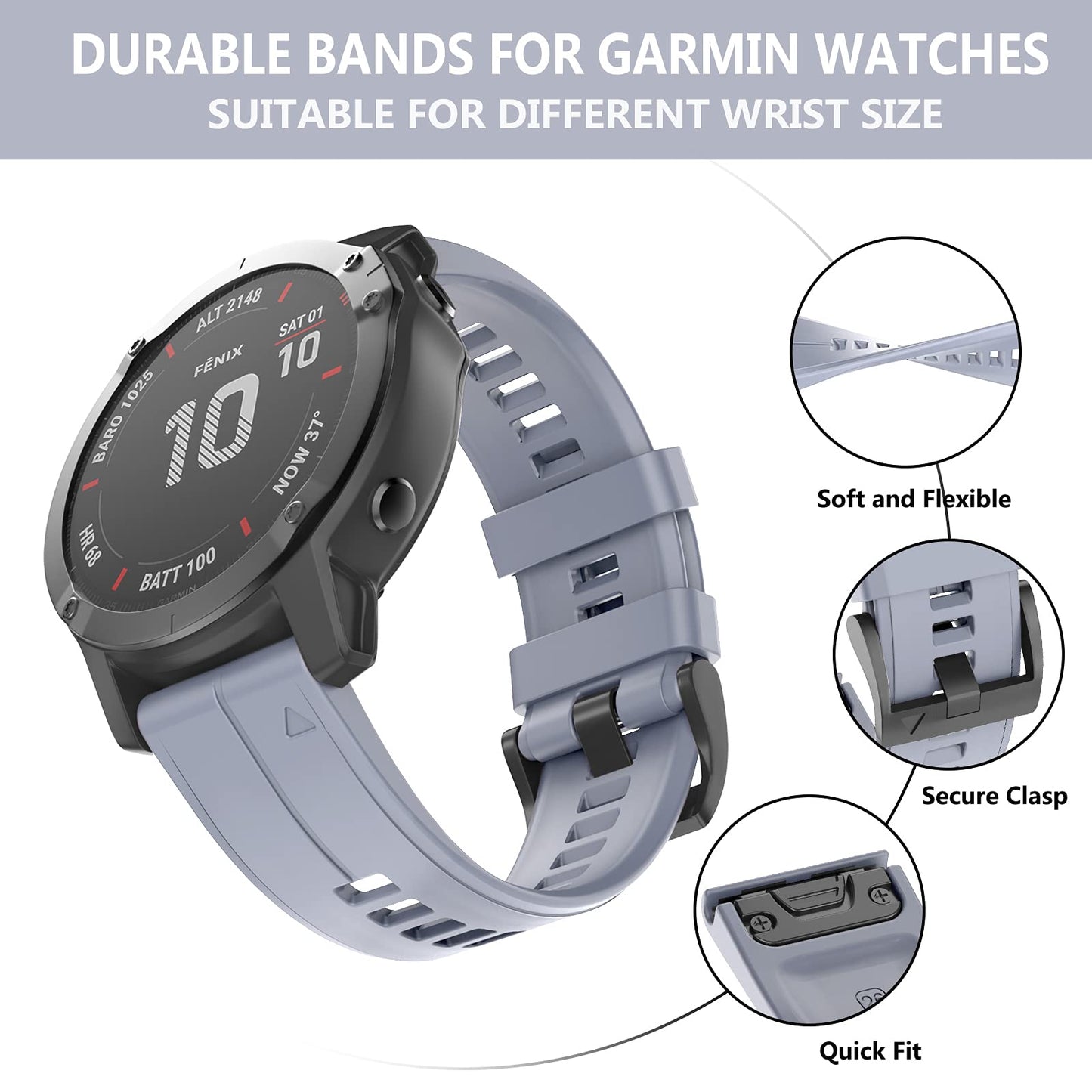 OVERSTEP Compatible with Garmin Fenix 5X Band 26mm Width Soft Silicone Watch Strap for Fenix 6X/Fenix 7X/Fenix 5X Plus/Fenix 6X Pro/Fenix 3/Fenix 3 HR/Tactix/Descent MK1/D2 Delta PX/D2 Charlie, Grey