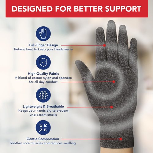 Doctor Developed Arthritis Gloves, Full Finger Compression Gloves for Raynauds, Compression Gloves for Arthritis for Women & Men With Doctor Handbook (full-length, M, Grey)