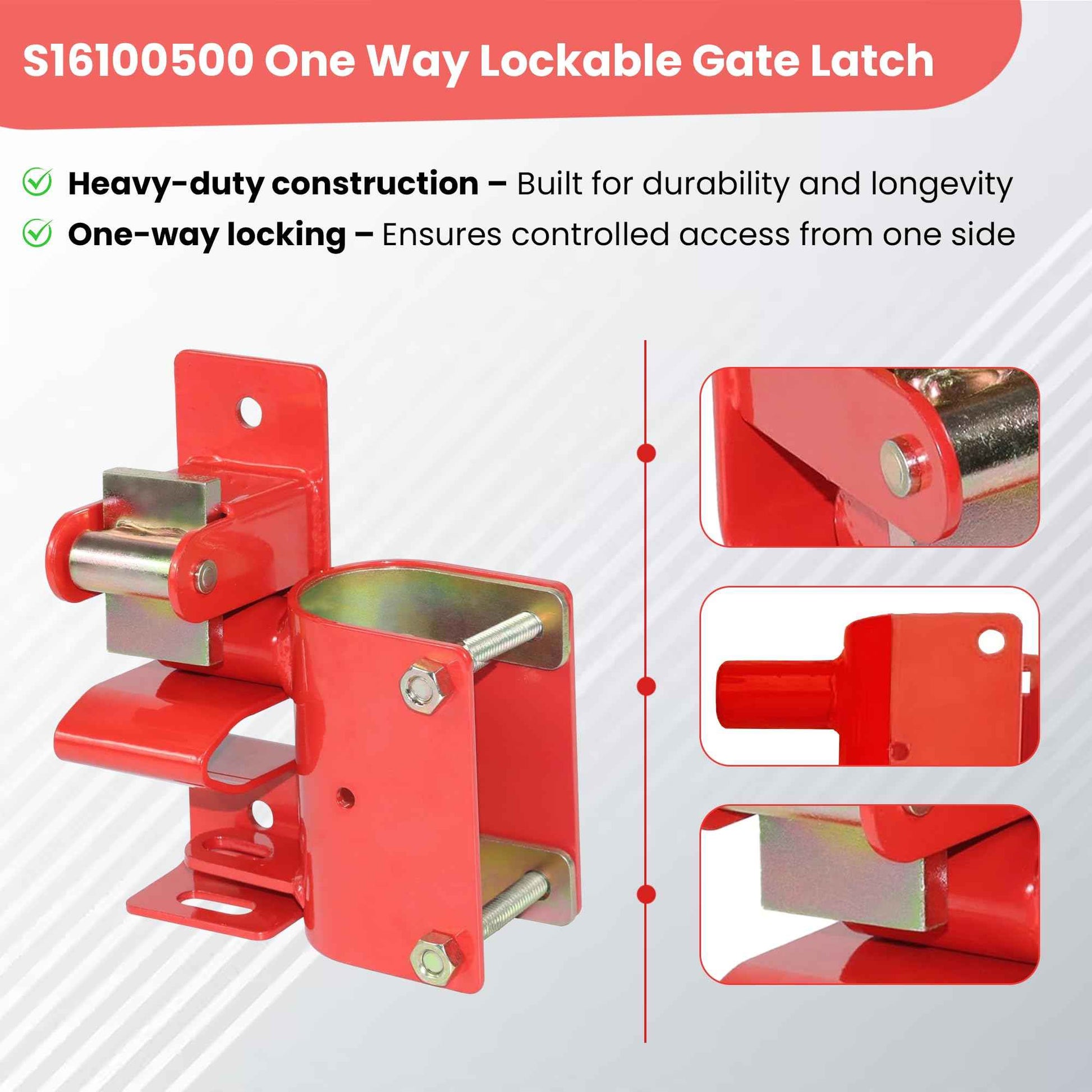 One Way Lockable Gate Latch for Metal Gates with 1-5/8" to 2" Diameter Tubes, Red S16100500