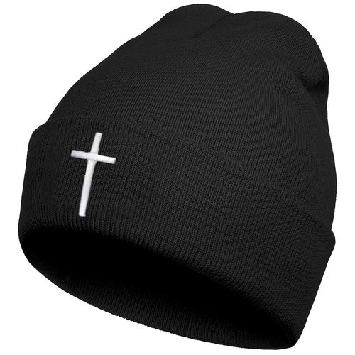 Black Beanie for Men Women Embroidery Christian Cross Jesus Beanies Hats for Men Unisex Christian Knit Warm Winter Hat for Men Women Cuffed Knitted Beanie Hat Chemo Cap Headwear Christ