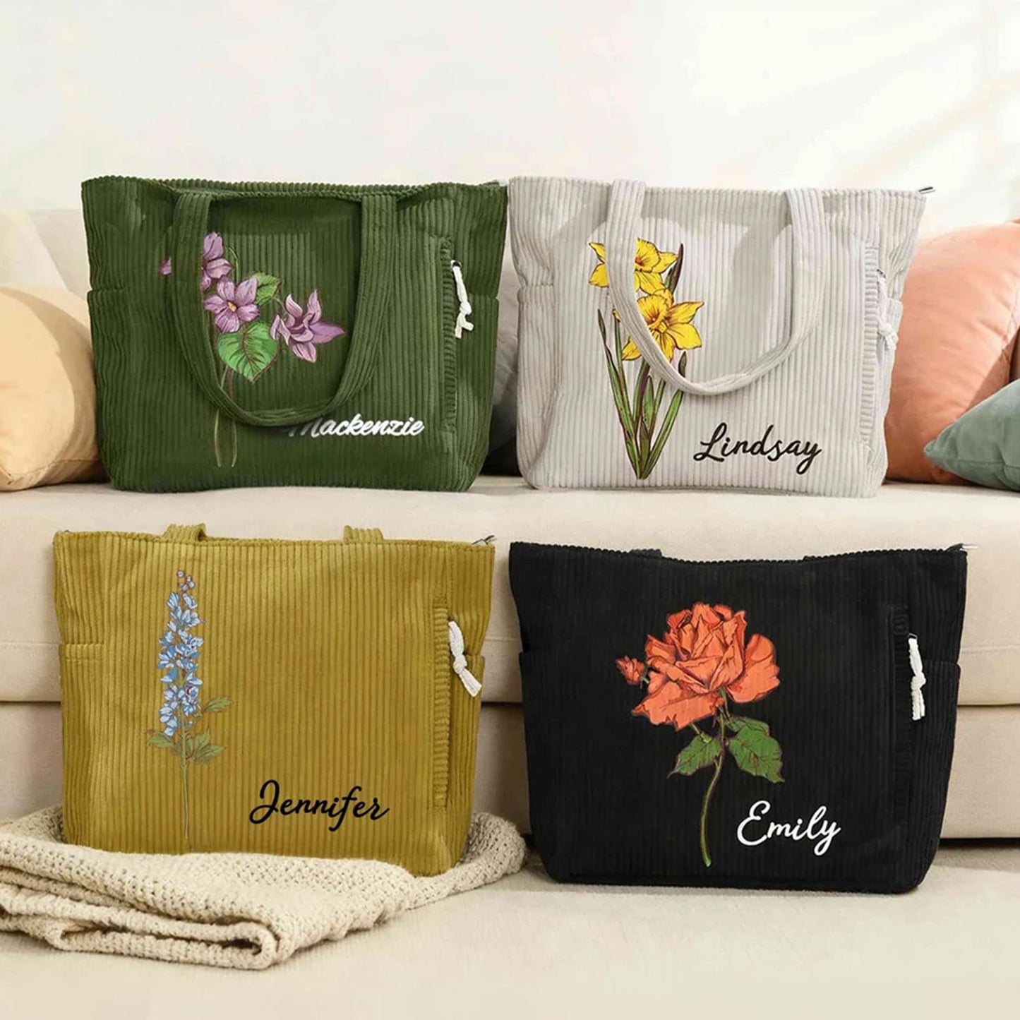 Personalized Birth Flower Corduroy Tote Bag for Women | Name Shoulder Bags