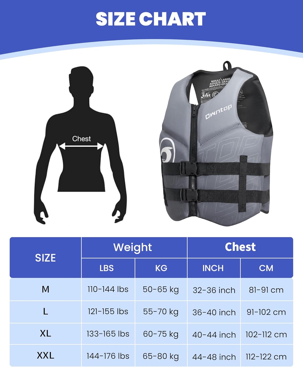 Owntop Swim Vest - Adult Neoprene Water Sport Floaties for Swimming, Boating & Kayaking | Adjustable Zipper & Dual Buckle Design