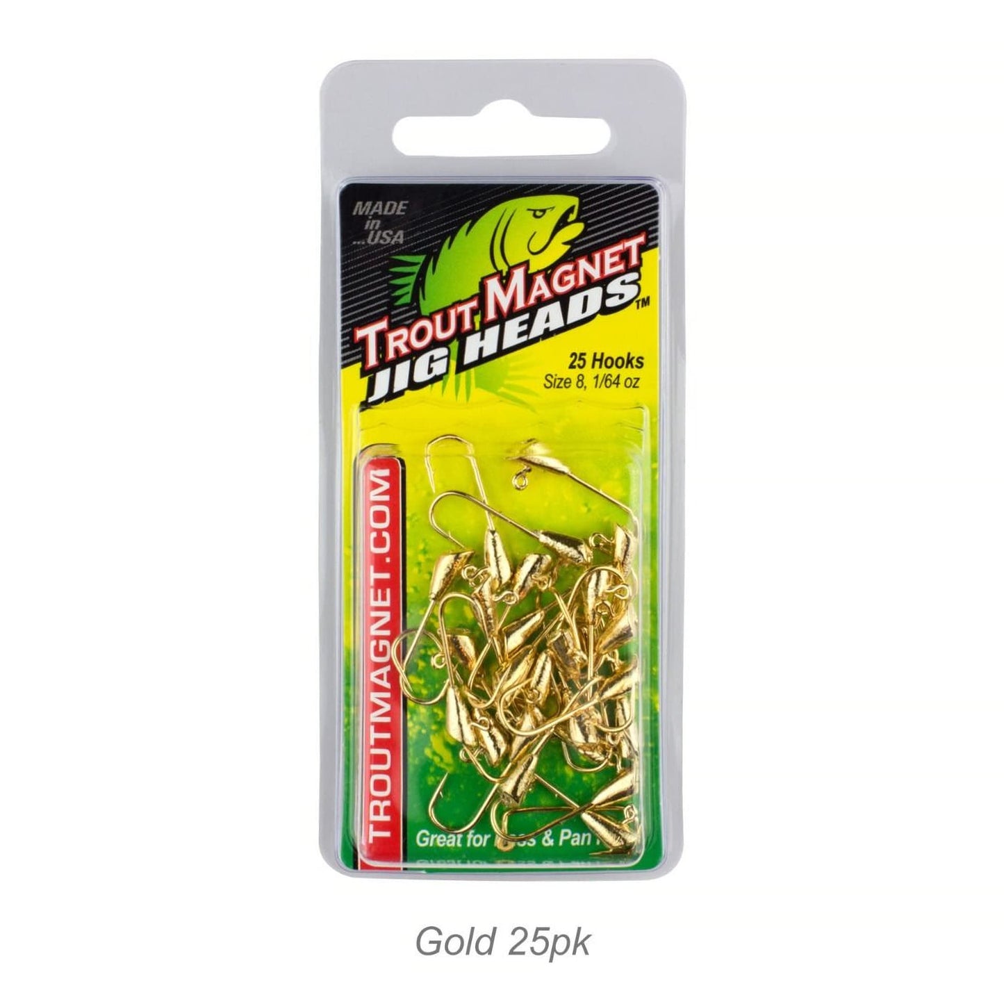 Trout Magnet Jig Heads - 1/64 oz Gold 25 Pack - Shad Dart Head Shape Hook with Lure Body Securing Barb - Balanced Jigs and Hooks for Trout, Crappie, Bass, Panfish - Freshwater Saltwater Fishing Gear