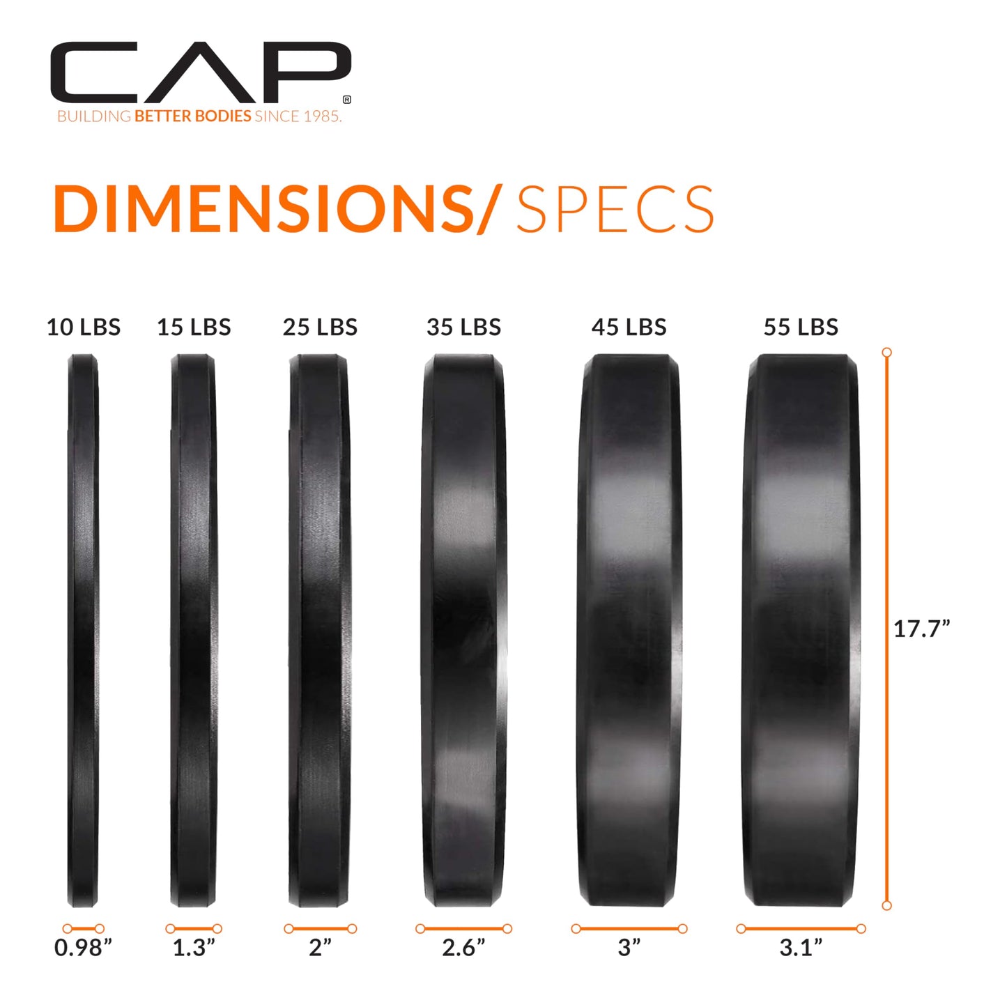 CAP 370 lb Elite Olympic Bumper Plate Set 2-Inch Olympic Plates, Medium Bounce Virgin Rubber Weight Plates with Stainless Steel Hub for Weightlifting, Strength Training & Home Gym Workouts