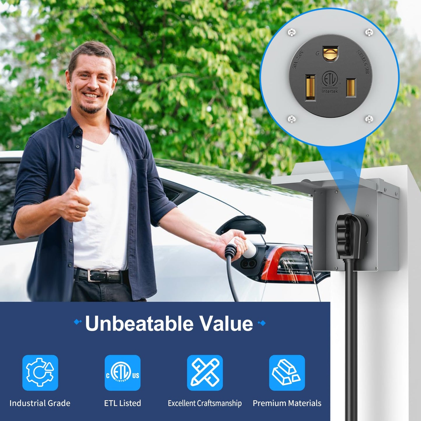 NEMA 6-50R Receptacle 50A Welder Wall Socket 250V 240V 220V Outlet Flush Mount Grounding Side Wired Industrial Grade for EV Charger Heater Plasma Cutters Electric Stove ETL Listed