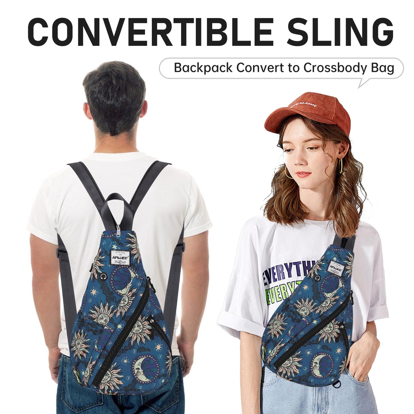HAWEE Convertible Rope Sling Bag for Women - Water-Resistant Chest Bag & Casual Daypack, Lightweight Crossbody Backpack for Travel, Cycling, Sun and Moon