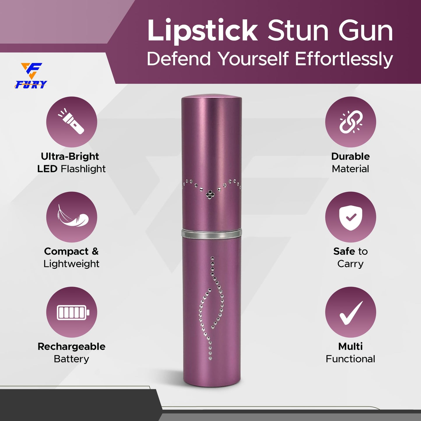 FuryUSA Lipstick Stun Gun - Womens Lipstick Stun Gun, Metal Casing Self-Defense, Rechargeable Battery, Max Strength, 120 lumens, Built-in Flashlight, Stylish, Expert-Trusted (Pink)