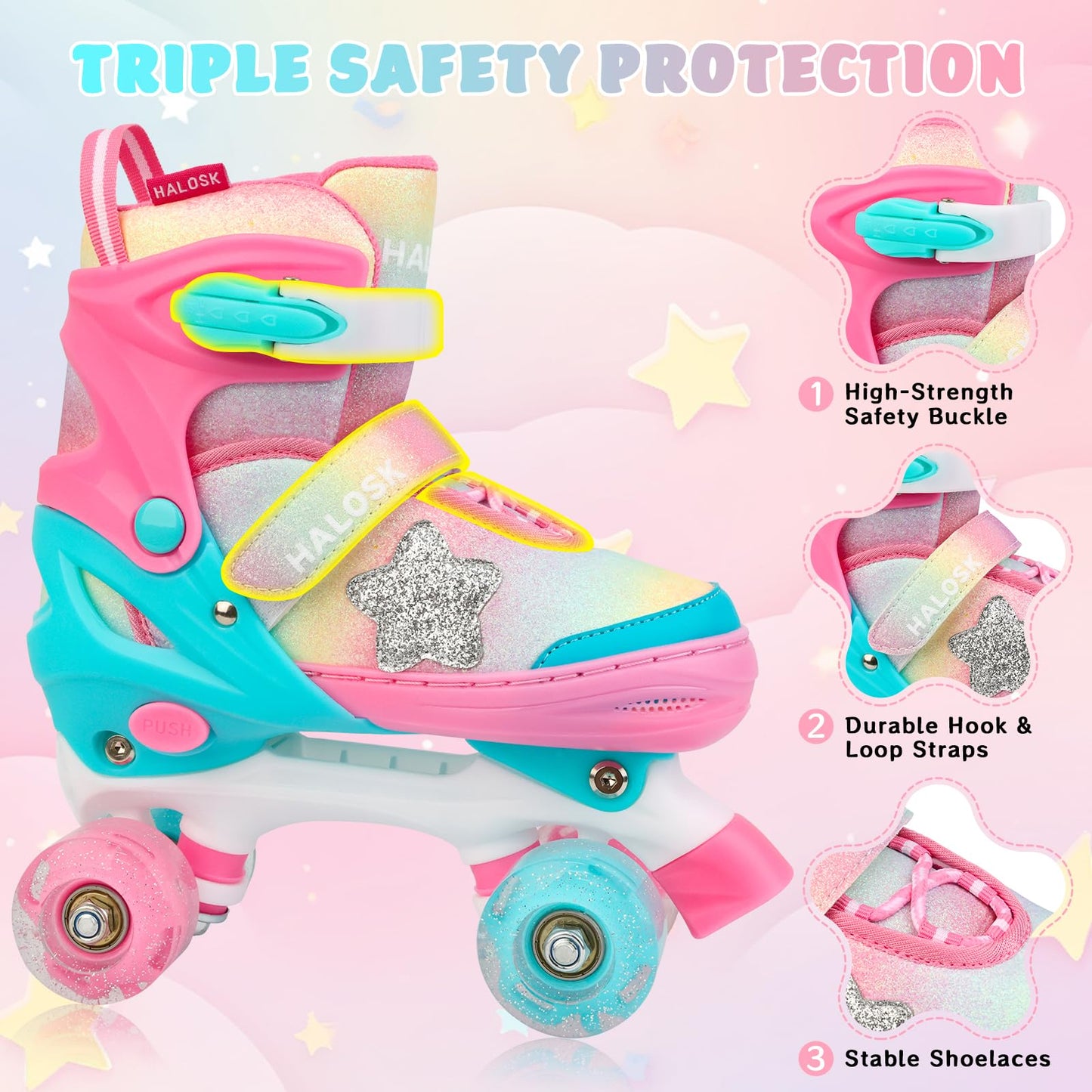 HALOSK Girls Roller Skates for Kids Boys, Adjustable Double Row Quad Skate with Light-Up Wheels, Gradient Star Design for Beginners Ages 3–12
