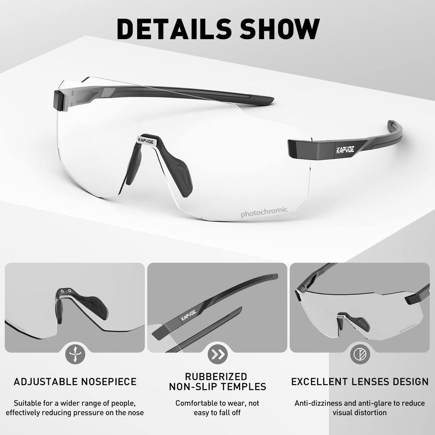 KAPVOE Photochromic Cycling Glasses for Men Women Sport Sunglasses UV Protection Driving Mountain Running MTB Frameless K341