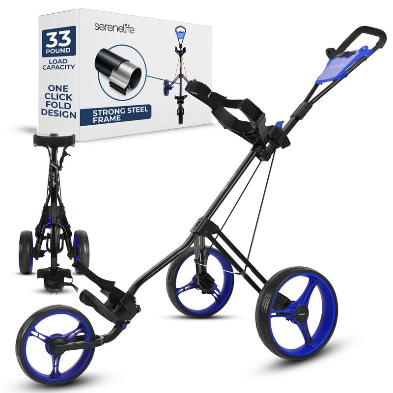 SereneLife Golf Push Pull Cart – Lightweight, Foldable, Bag Holder with Adjustable Handle, Caddy Accessories, Compact Folding Golf Trolley for Travel