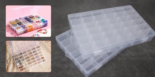 Clear Visible Plastic Storage Box by [Brand Name] - 2 Pcs Rectangular Organizer for Beads, Jewelry & Crafts | 36 Grids with Label Stickers