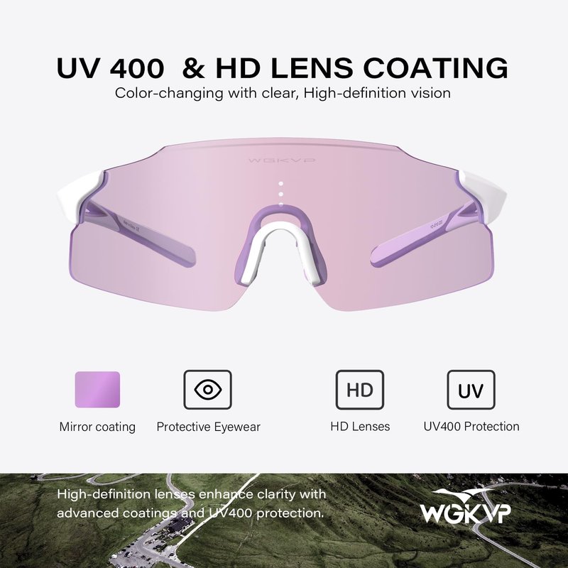 WGKVP Photochromic Running Glasses for Women and Man, with UV400 Protection Lightweight Wraparound Sports Glasses for Running & Outdoor Training (White Purple)