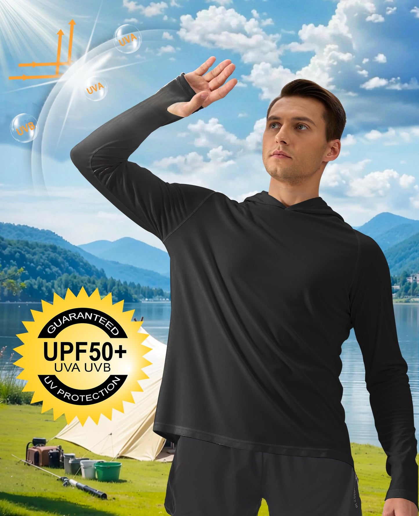 PLUMZJOY UPF 50+ Fishing Shirts for Men Long Sleeve Sun Protection Hoodie Shirt Lightweight Outdoor UV Hiking Shirts Black XXL