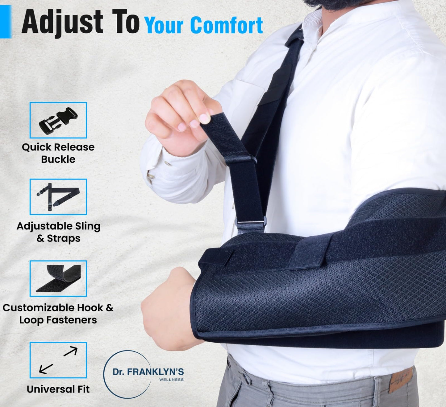 DR FRANKLYN'S Arm Sling Shoulder Immobilizer for Rotator Cuff Pain Relief, Surgery & Broken Arm- Shoulder Abduction Pillow for Injury Support - Brace Includes Pockets-Foam Stress Ball and Wedge