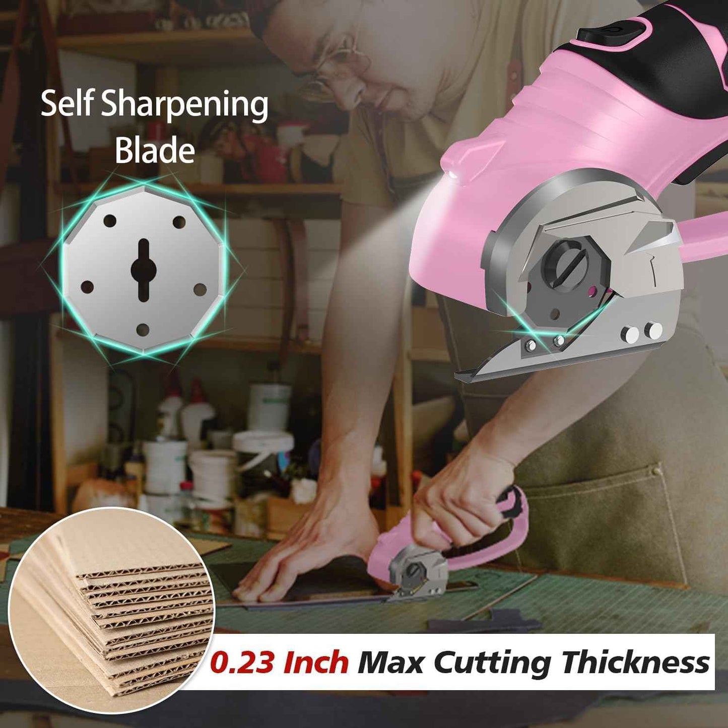 Cordless Electric Scissors, 4V Rechargeable Box Cutter & Cardboard Cutter with Titanium Blade, LED Light, Safety Lock - Rotary Cutter for Fabric, Leather, Carpet, Plastic, Crafting, Sewing (Pink)