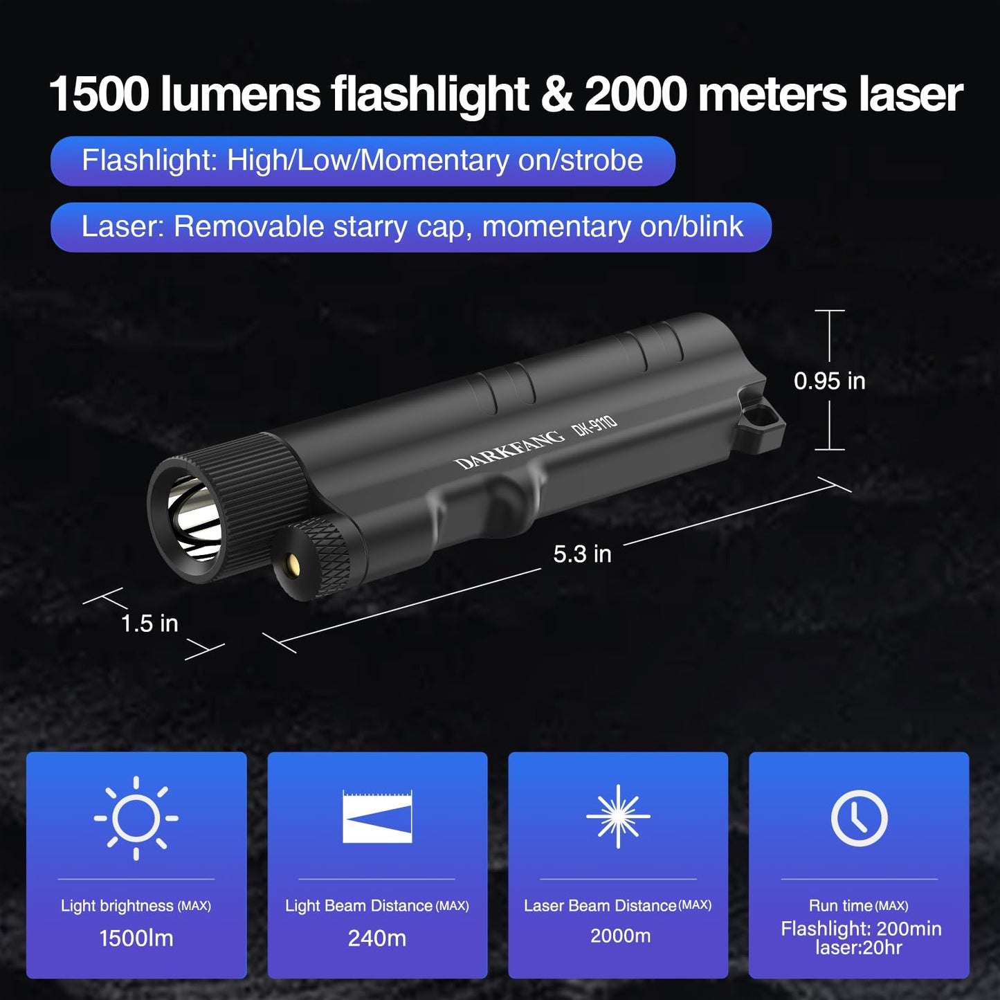 DARKFANG 1500 Lumen Handheld Flashlight with Green Laser Pointer