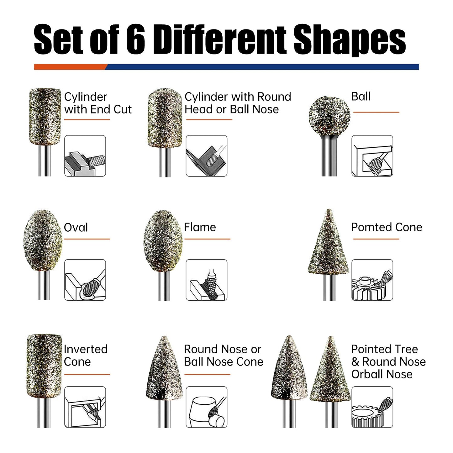 Diamond Grinder Bits for Dremel Tool Accessories, 20Pcs, 1/8" Shank, 120-Grit, Rotary Tool Diamond Bits for Stone Glass Resin Porcelain Ceramic Nail Glaze Metal Carve Engrave Polish