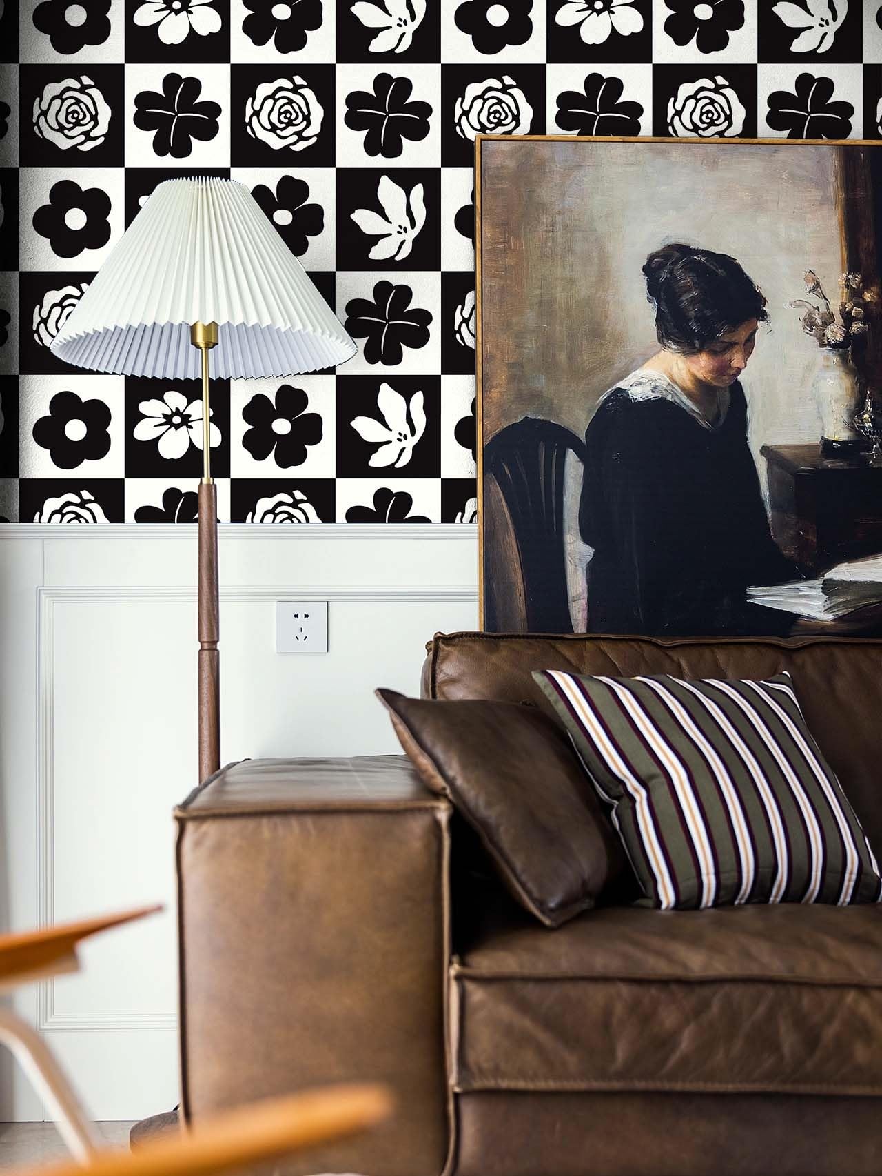 Ismoon Black and White Wallpaper Modern Peel and Stick Wallpaper Checkerboard Plaid Contact Paper Floral Geometric Stick on Wall Paper Removable Self Adhesive Vinyl Roll for Bedroom, 17.3inx9.8ft