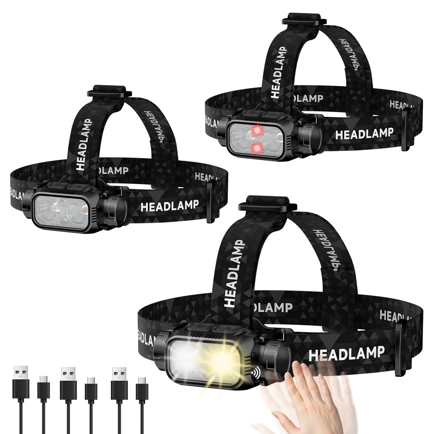 ATDOALL Rechargeable Headlamp for Adults & Hiking, 3 Pack Lightweight & Waterproof Super Bright led Head Lamp with Red Light, Motion Sensor, 5 Modes, 90° Adjustable, Headlamps for Camping, Running