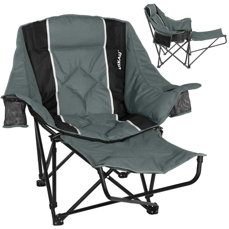 USKAU Camping Chair with Removable Footrest, Oversized Outdoor Chair with Headrest & Cup Holders, 300lb Capacity Lawn Chair for Sports Backyard Fishing