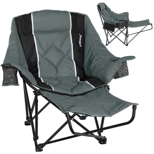 USKAU Camping Chair with Removable Footrest, Oversized Outdoor Chair with Headrest & Cup Holders, 300lb Capacity Lawn Chair for Sports Backyard Fishing