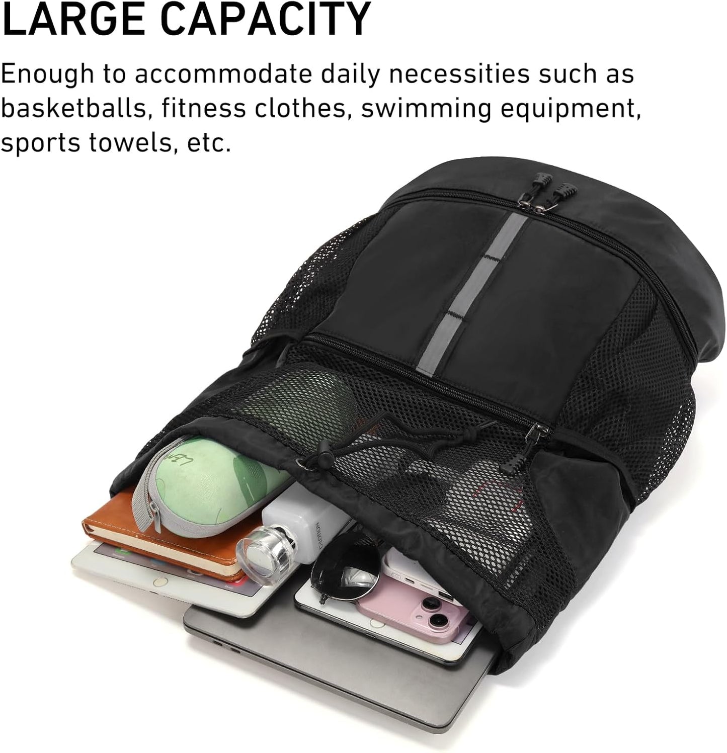 Valleycomfy Drawstring Gym Bag - Sports Backpack with Shoe Compartment & Reflective Strips | Black
