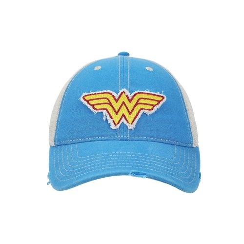 Bioworld Wonder Woman Logo Women's Blue Washed Distressed Cut Fabric Unstructured Baseball Cap