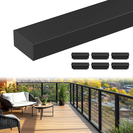 RailinGo 6'6'' Rectangular Cable Railing Handrail, Black Stainless Steel Handrail with Nylon End Caps for Stair Cable Railing System, Black Deck Cable Wire Railing Hardware Kits, RG01-H
