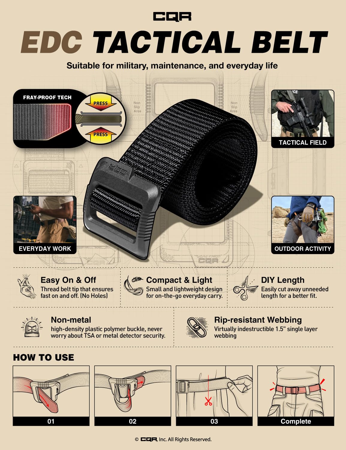 CQR Tactical Belt, Military Style Heavy Duty Belt, Webbing EDC Quick-Release Buckle, Flex Poly Black, Medium