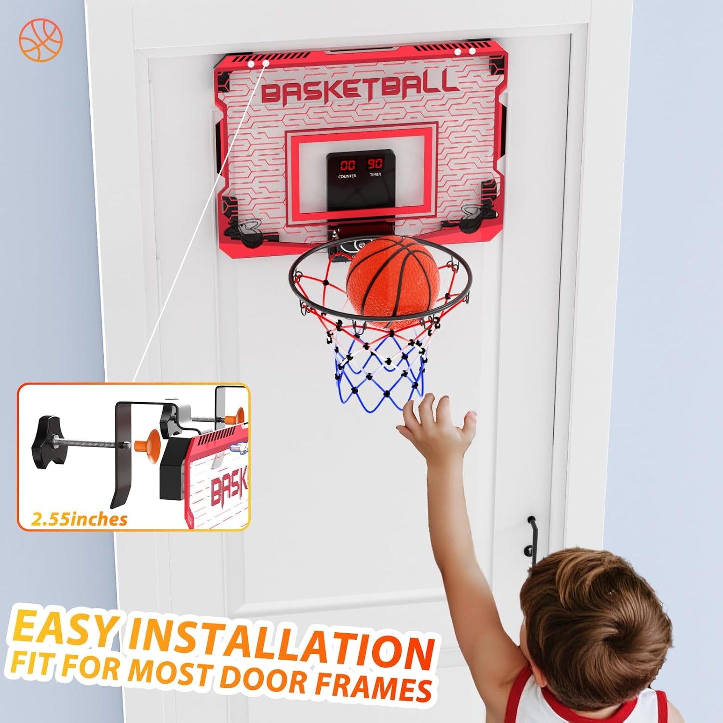 Skiennix Indoor Mini Basketball Hoop - Over The Door Design with LED Lights & Sound Effects | Includes 3 Balls, Perfect Sports Gift for Kids Ages 6-12