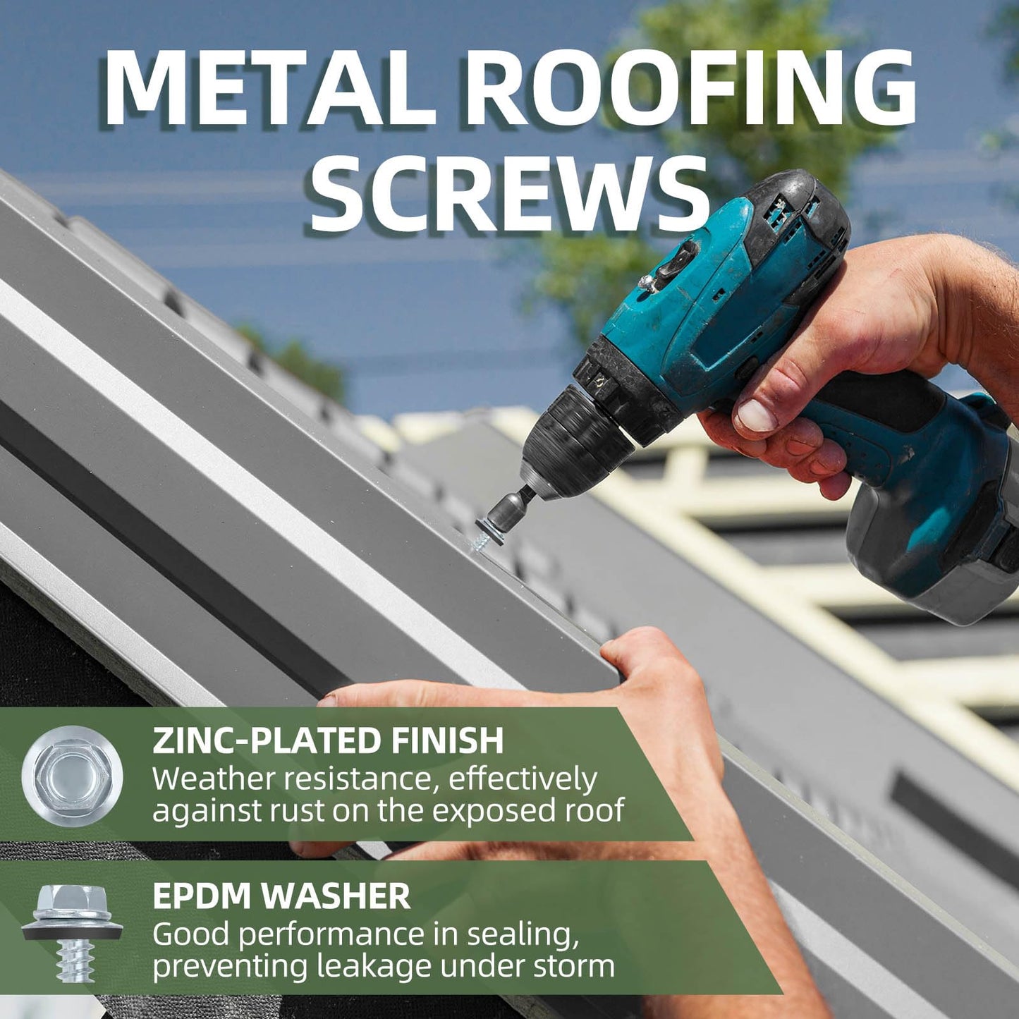 #10 x 2 (50 PCS) Metal Roofing Screws with Rubber Washer, Hex Head Self Tapping Screws for Metal, Self Drilling Sheet Metal Screw, Hex Bit Socket Included