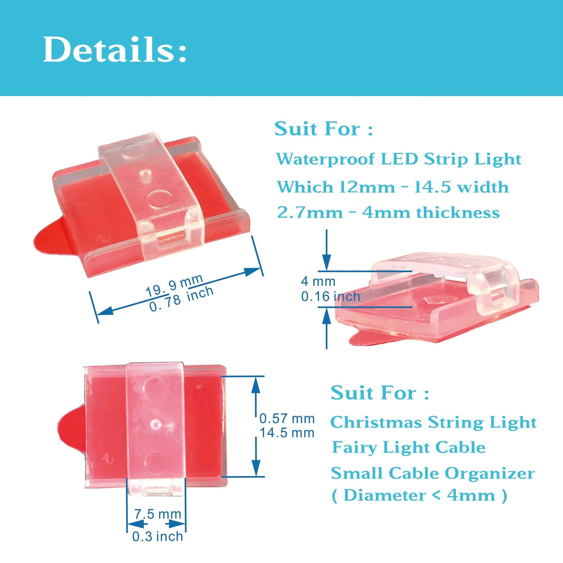 ATB- Future LED Strip Clips for IP67/IP68 Waterproof LED Strip Light Which are 12mm- 14.5mm Width and 2.7mm-4mm Thickness,Self-Adhesive and Screws Double Installations.Clear and 100Pack.