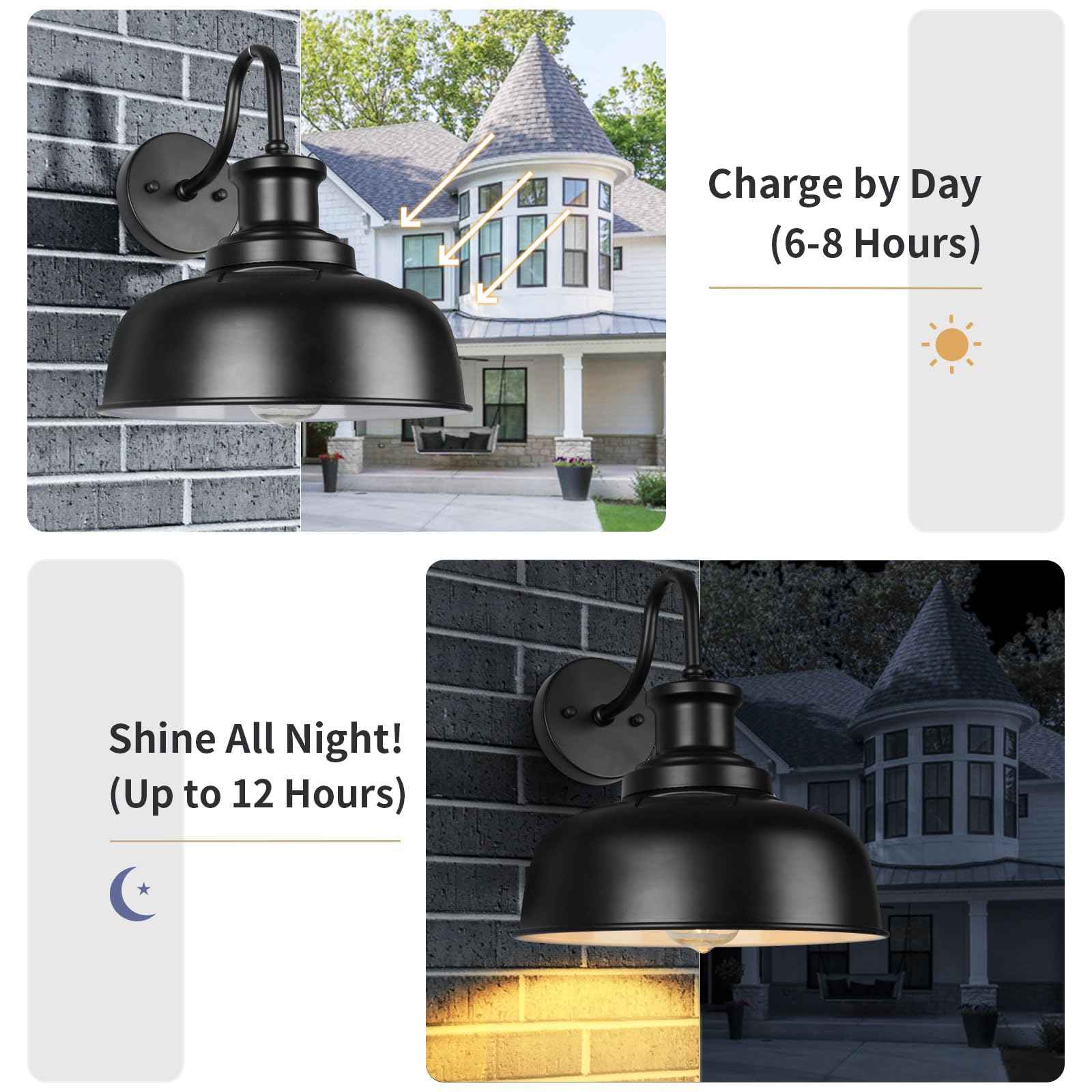Diyel Solar Barn Light for Outside, Dusk to Dawn Gooseneck Outdoor Wall Lights Solar Powered, Farmhouse Exterior Wall Sconce, Industrial Outside Lighting Fixture, Rustic Lantern for Garage, Barn, Shed