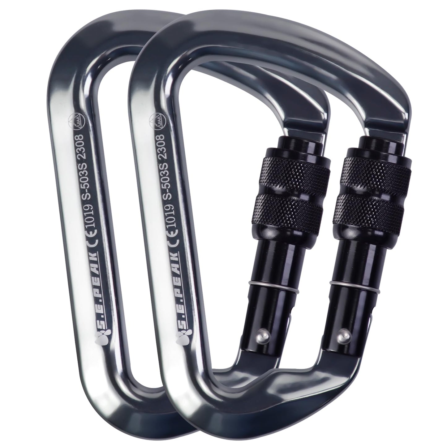 SEPEAK UIAA CE 30kN Locking Climbing Carabiner, Professional Heavy Duty Screwgate Clip for Outdoor Climbing, Mountaineering, Rappelling, Camping, Hiking, Swing, Large D Carabiner Hook/6744lb,2pc,Black