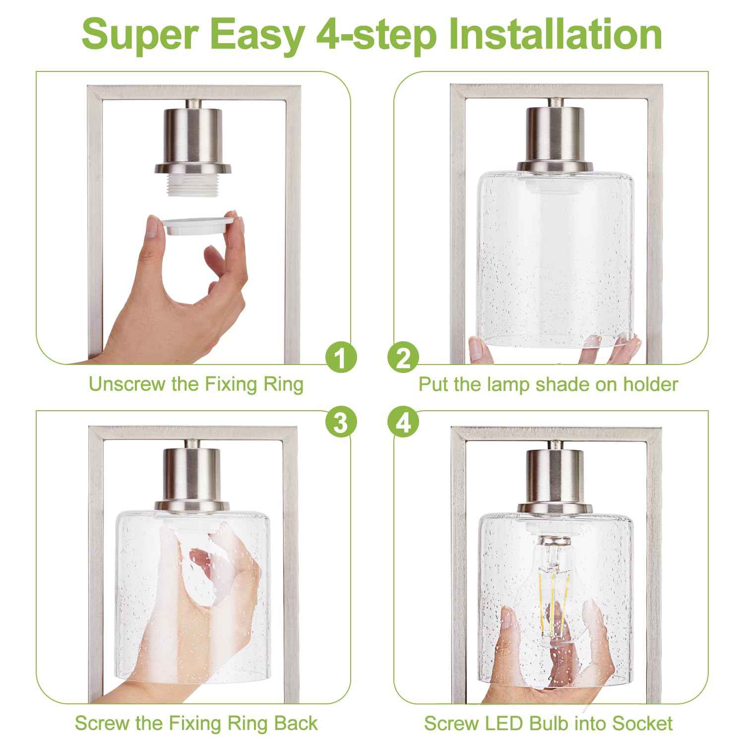 16" Set of 2 Nickel Industrial Table Lamps with USB A+C Charging Ports and AC Outlet, Fully Stepless Dimmable Bedside Lamps with Seeded Glass Shade for Bedroom Living Room Office, LED Bulbs Included